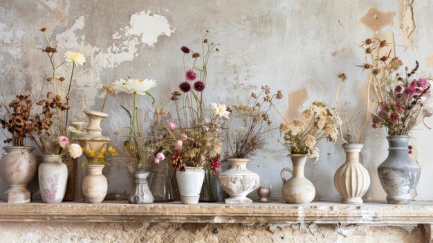 A carefully curated collection of dried wildflowers displayed in delicate victorian vases on a