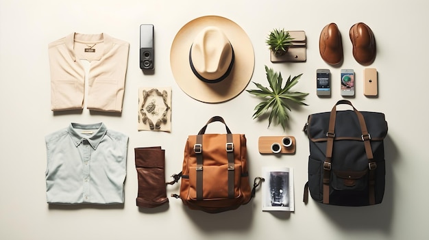 A carefully curated flat lay of travel essentials against a sandy beige background