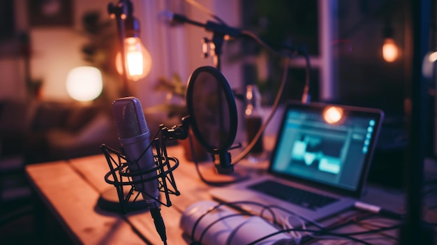 a carefully curated home studio setup for podcasts featuring a sleek microphone a reliable laptop and a stylish lamp on a closeup table create professional audio content in the comfort o