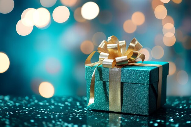 A carefully wrapped Christmas gift box set against a magical sparkling turquoise bokeh backdrop