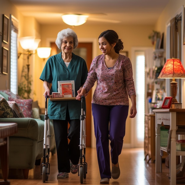 Caregiver assisting senior woman with walker