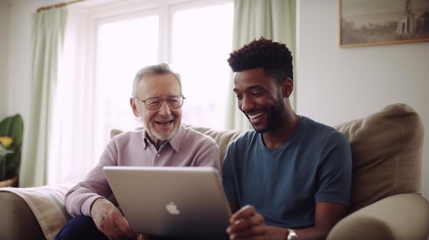 caregiver explaining man to pay online