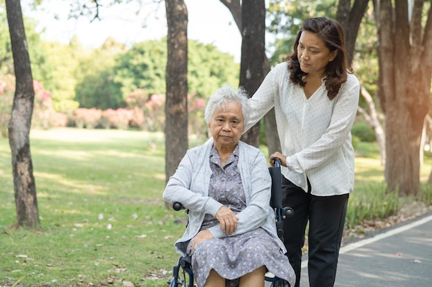 Caregiver help and care asian senior or elderly old lady woman patient sitting and happy on wheelchair in park healthy strong medical concept