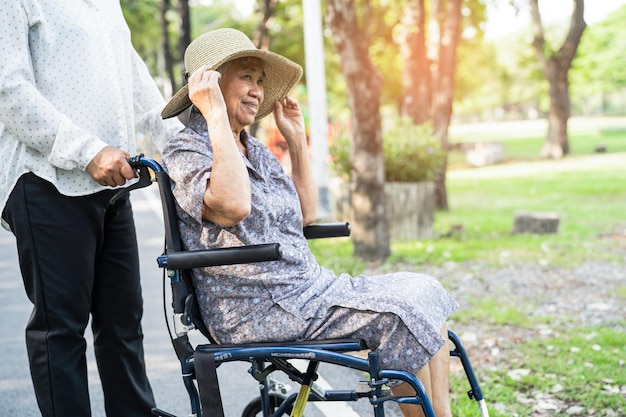 介護者の助けと介護 アジアの高齢女性患者が 公園で車椅子に座って幸せです