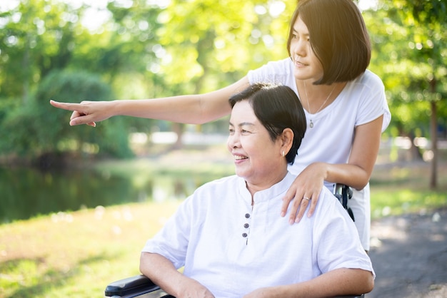 간병인은 자연에서 휠체어에 앉아 있는 노인 아시아 여성을 돌보고, 노인 요양 보험 개념