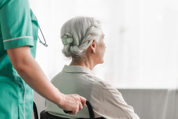 Caregiver with senior female patient in wheel chair