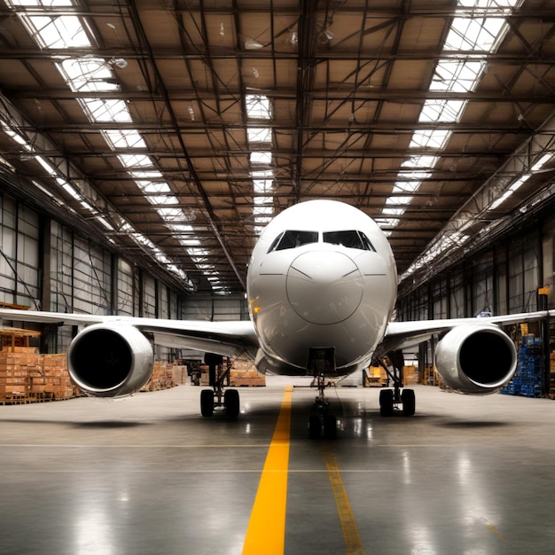 Cargo aircraft in warehouse