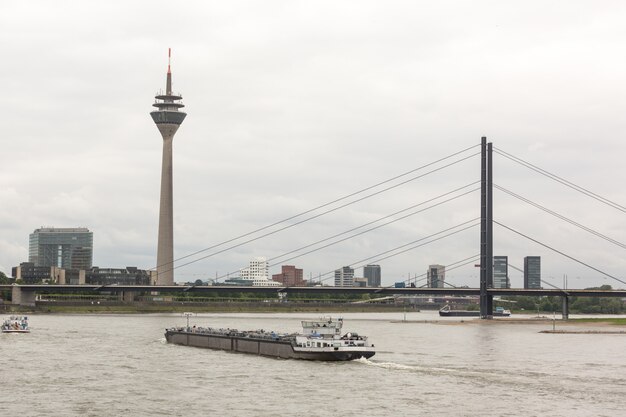 Cargo Barge on Rhine River in Dusseldorf