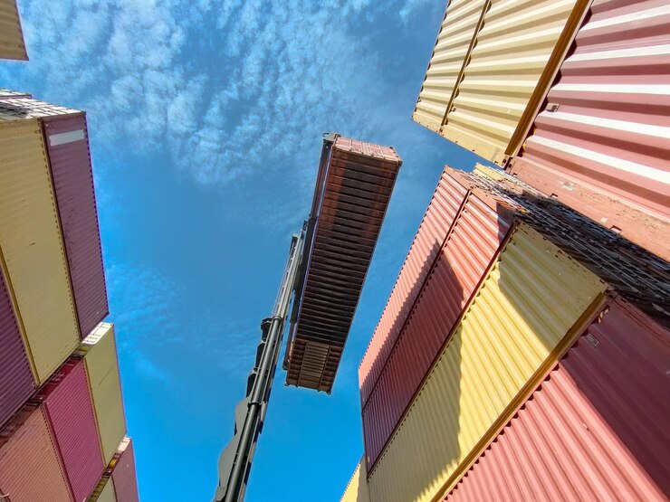 Photo cargo container lifting operation under a vivid blue sky a view from below