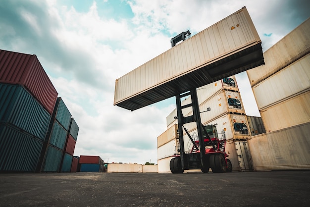 Cargo container for overseas shipping in shipyard with heavy machine .