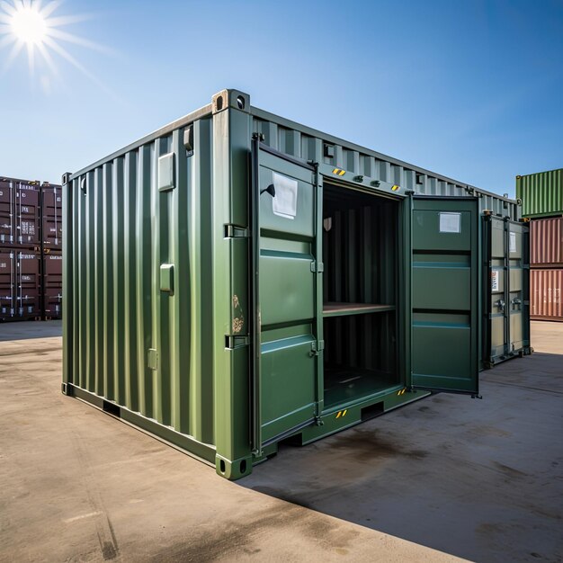 Photo a cargo container painted in a distinctive olive green shade against an urban backdrop