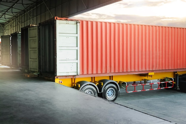 Cargo Container Trailer Parked Loading Dock at the Warehouse Shipping Freight Trucks Logistics