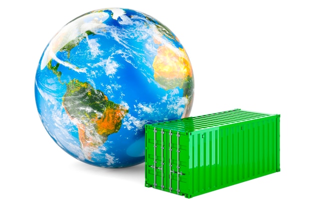 Cargo container with Earth Globe 3D rendering isolated on white background