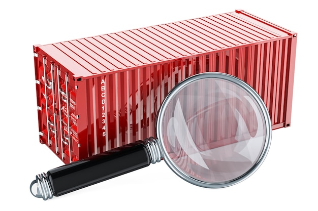 Photo cargo container with magnifying glass data search concept 3d rendering
