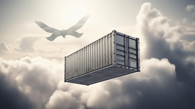 Cargo container with wings flying in the sky Delivery concept