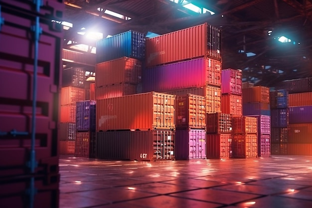 Cargo containers in a port at night 3D Rendering