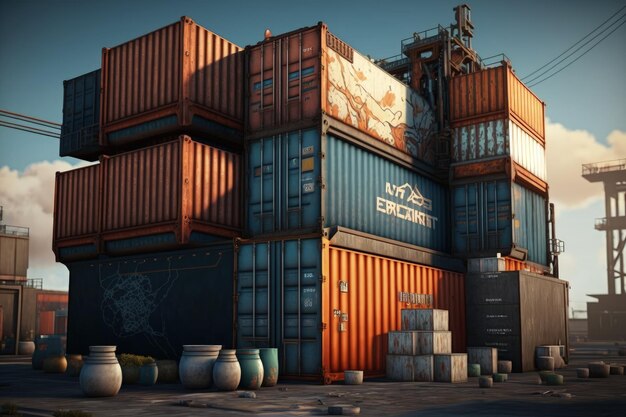 Cargo containers in ship port AI