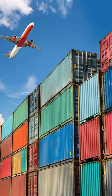 A cargo containers stacked high with an airplane flying