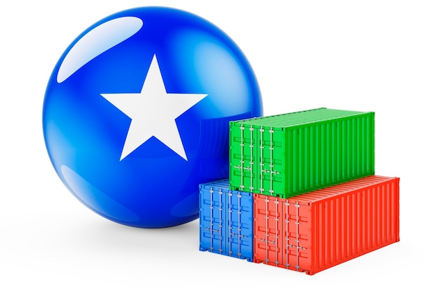 Cargo containers with Somali flag Freight shipping in Somalia 3D rendering