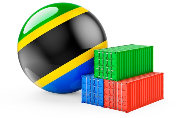 Cargo containers with Tanzanian flag Freight shipping in Tanzania 3D rendering