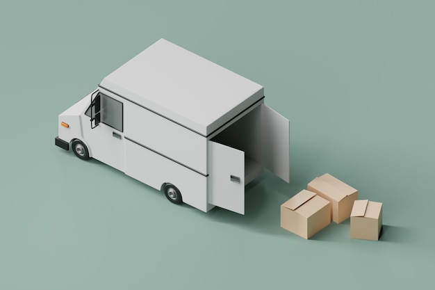 Cargo delivery truck with cardboard boxes 3d rendering