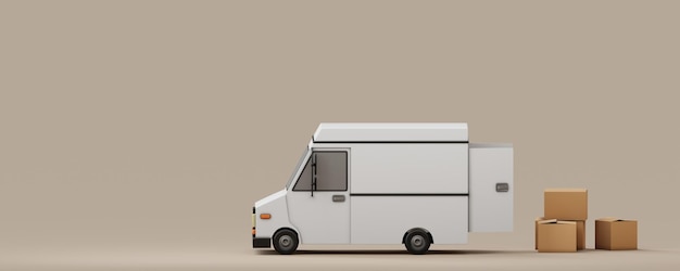 Camion per la consegna del carico con rendering 3d di scatole di cartone