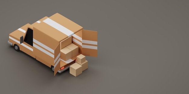 Cargo delivery truck with cardboard boxes 3d rendering