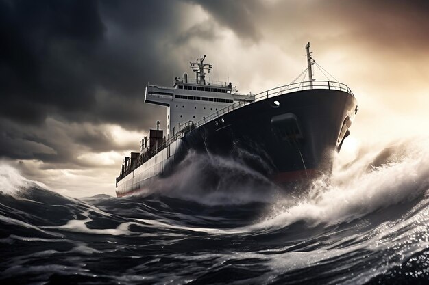 A cargo or fishing ship is caught in a severe storm Ship at sea on big waves The threat of shipwreck Element in the ocean The hard work of a sailor