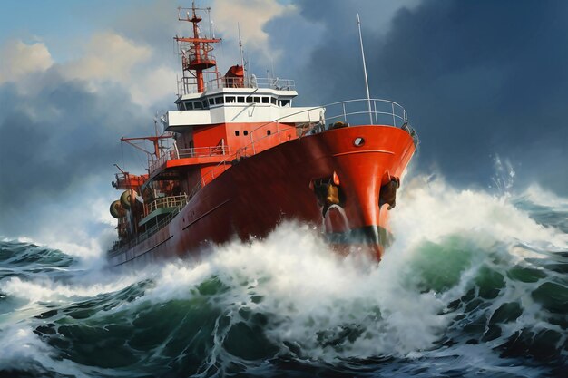 A cargo or fishing ship is caught in a severe storm Ship at sea on big waves The threat of shipwreck Element in the ocean The hard work of a sailor