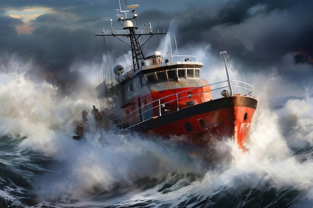 A cargo or fishing ship is caught in a severe storm Ship at sea on big waves The threat of shipwreck Element in the ocean The hard work of a sailor