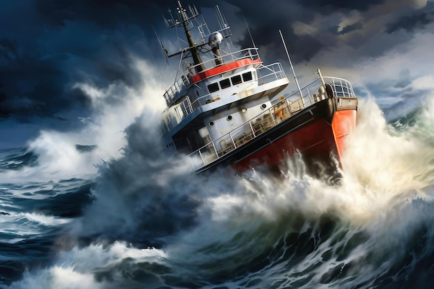A cargo or fishing ship is caught in a severe storm Ship at sea on big waves The threat of shipwreck Element in the ocean The hard work of a sailor