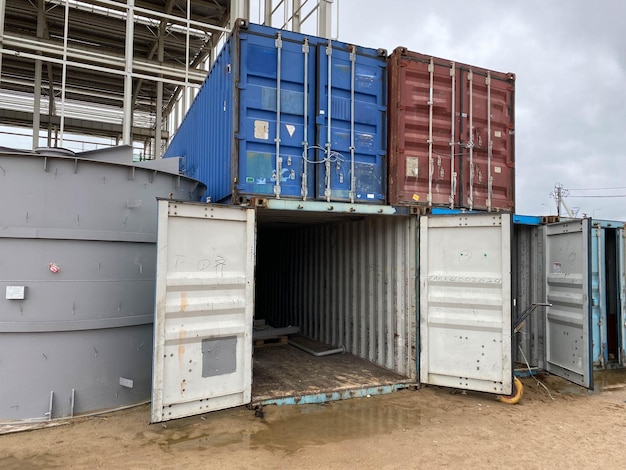 Cargo freight containers at harbor terminal