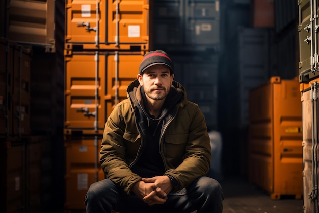 Cargo man posing in front of cargo box