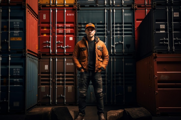 Cargo man posing in front of cargo box