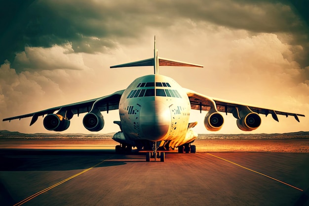 Cargo plane on empty runway at airport in evening