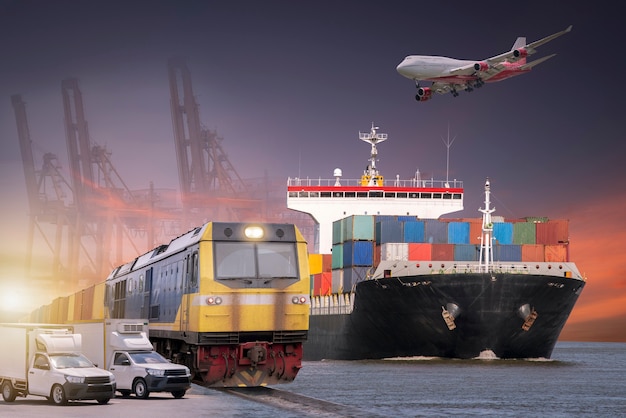 Cargo plane flying above container dock and ship port use for\
transportation and freight logistic