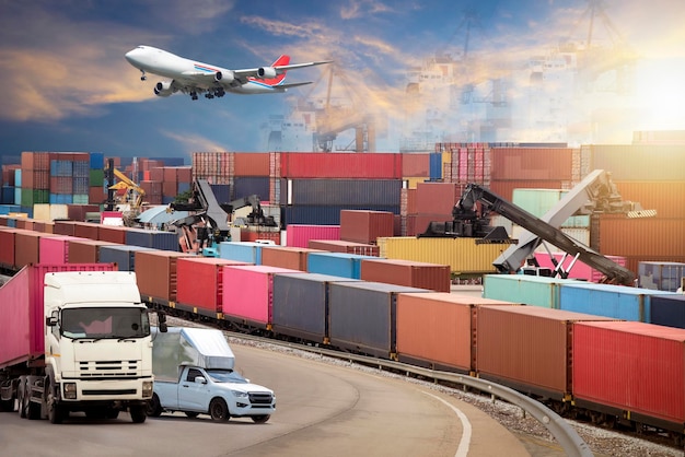 cargo plane flying above container dock and ship port use for transportation and freight logistic