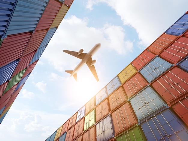 Photo cargo plane flying above stack of containers at container port