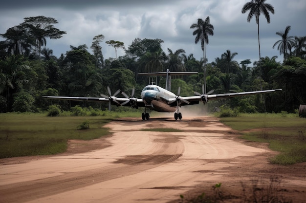 Cargo plane landing on airstrip in the heart of the amazon created with generative ai