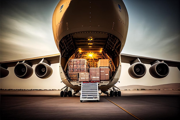 Cargo plane unloads containers with boxes air freight illustration Generative AI