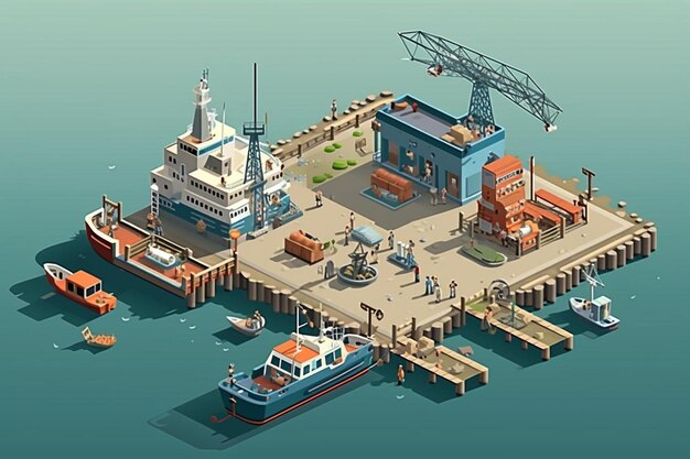 Photo cargo port with loading facilities color containers vessel with freight truck isometric composition