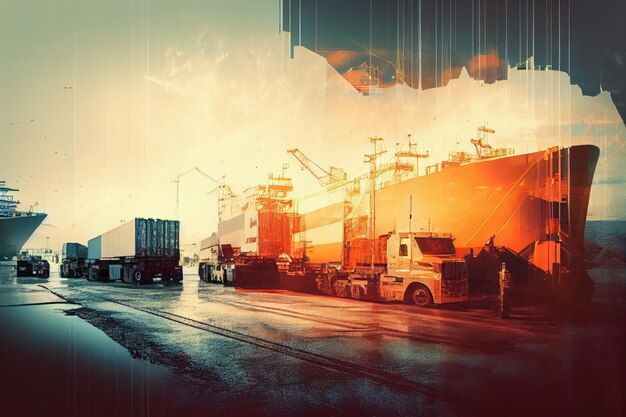 Cargo port with row of trucks and boats loading and unloading double exposure