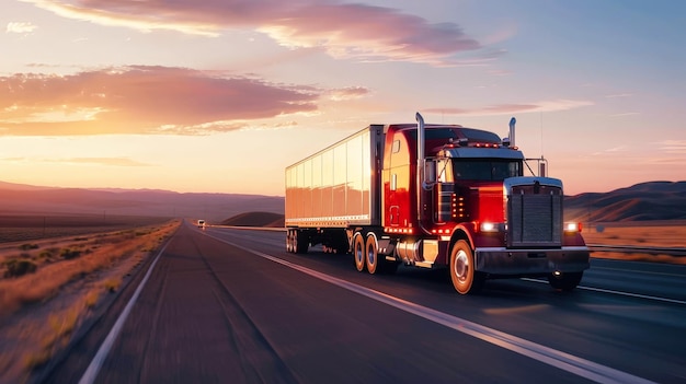 A cargo semi truck moves down a desert road under the bright sun surrounded by sand and sparse vegetation