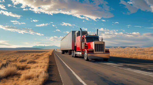 A cargo semitruck is seen driving down a desert road under the hot sun