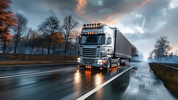 Photo a cargo semitruck is seen driving down a highway at dusk with the fading light creating a moody atmosphere