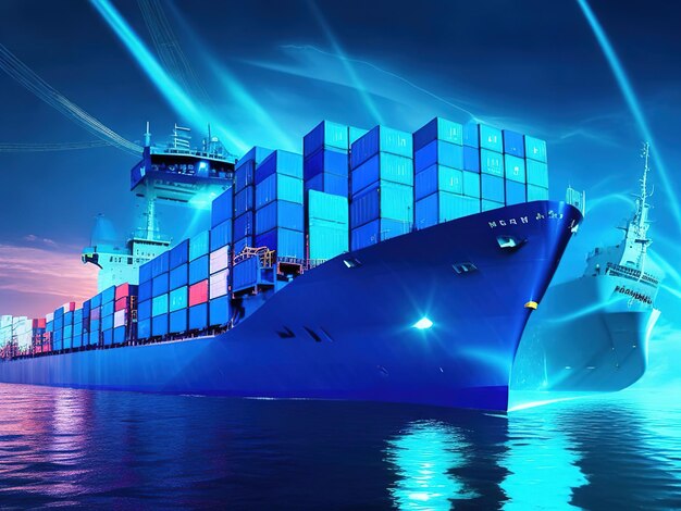 Cargo ship 3d illustrator rendering ship and container on the sea futuristic generative ai