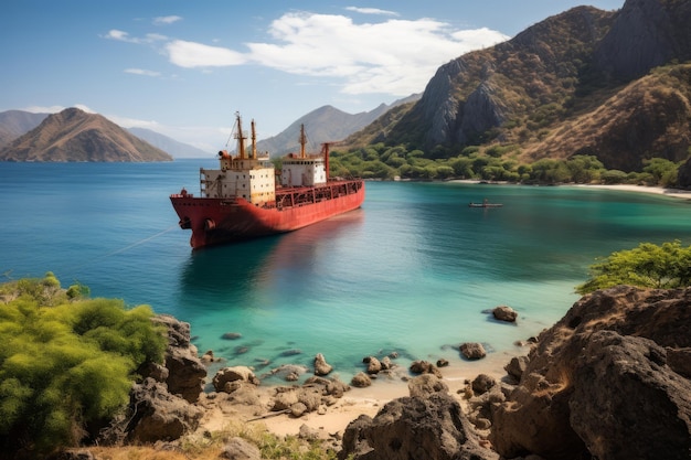 Cargo ship anchored near a remote island generative ai