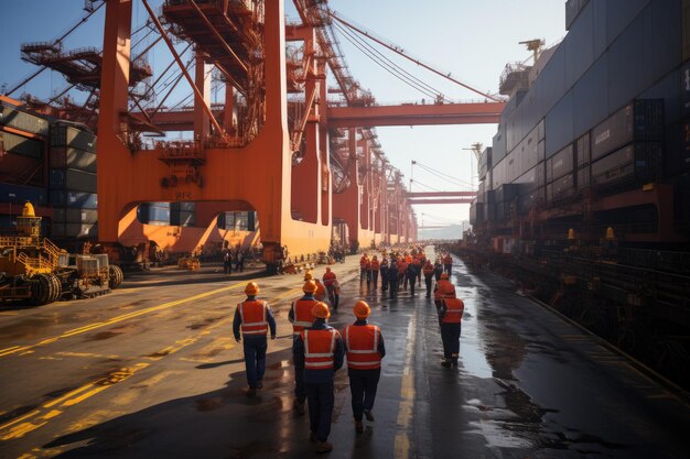 Cargo ship carries containers in a busy port at dusk generative IA