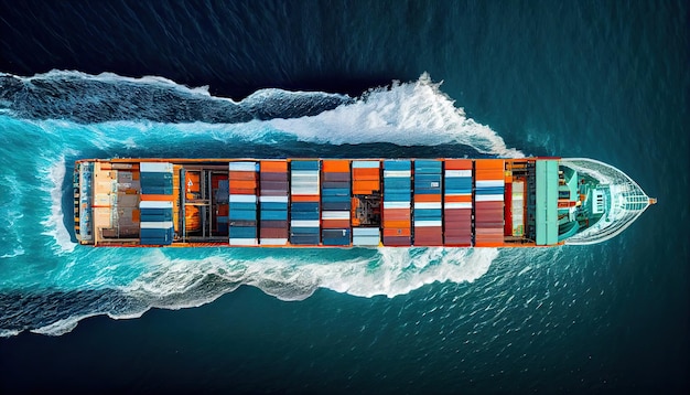 грузовое судно, перевозящее контейнеры для экспорта и импорта, показано на глобальной всемирной службе грузовых перевозок