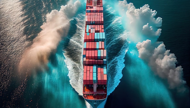 cargo ship carrying containers for export and import is shown on a global world Service for Freight